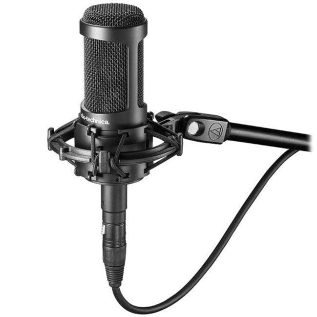 Audio-Technica AT 2035 microphone bundle with accessories for podcasting, featuring a large-diaphragm condenser microphone.