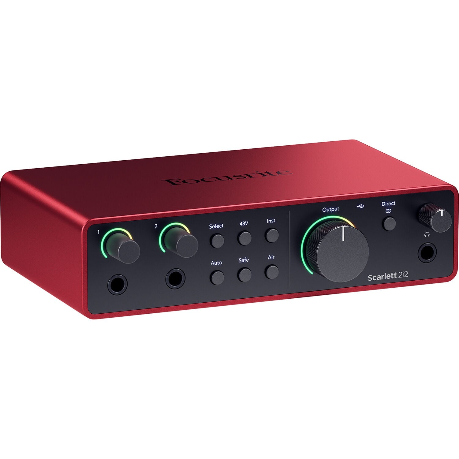 Focusrite Scarlett 2i2 4th Gen audio interface with dual combo inputs and LED indicators on a desk setup.