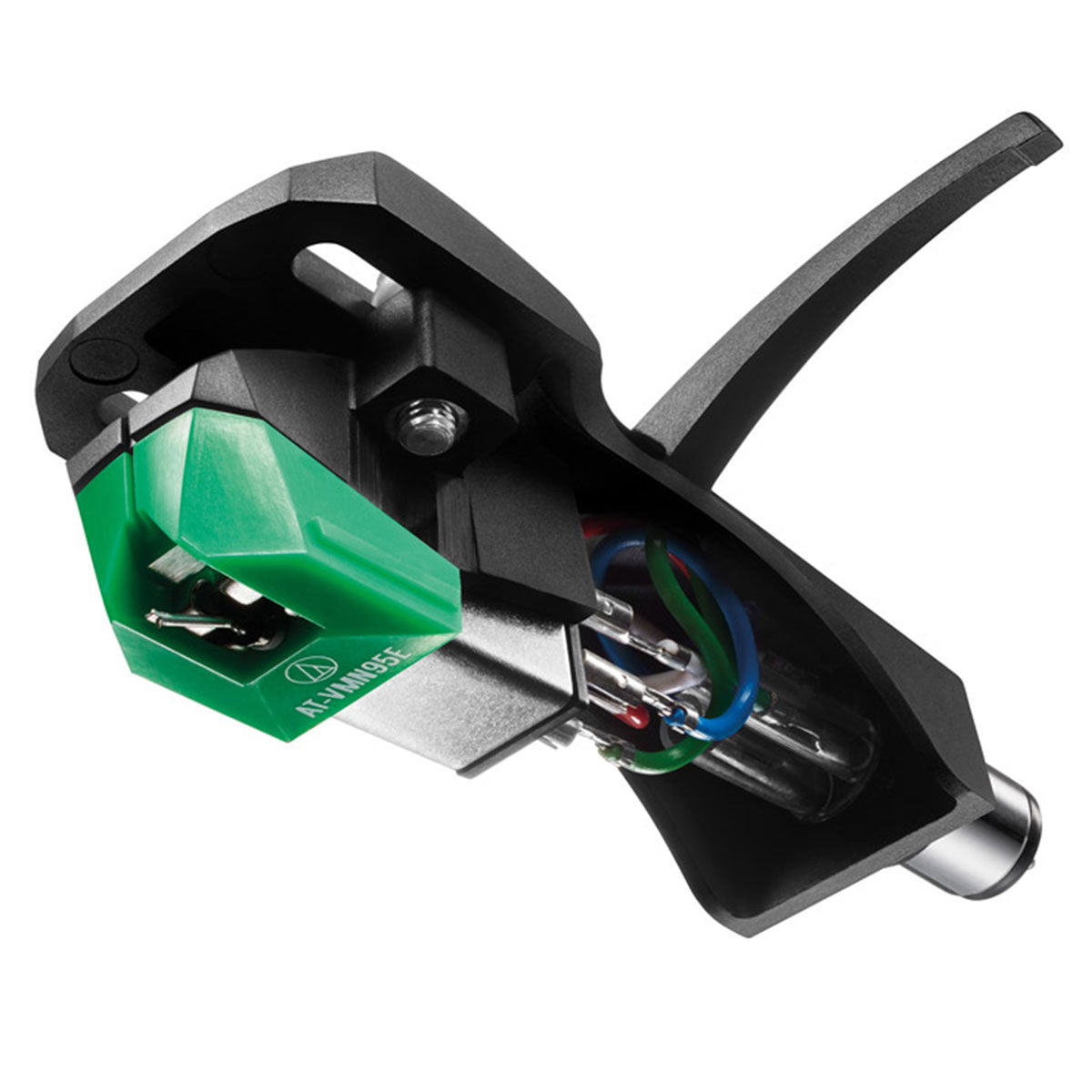 Audio Technica AT-VM95E/H turntable cartridge with headshell, featuring detailed stylus and mounting components for high-quality sound.