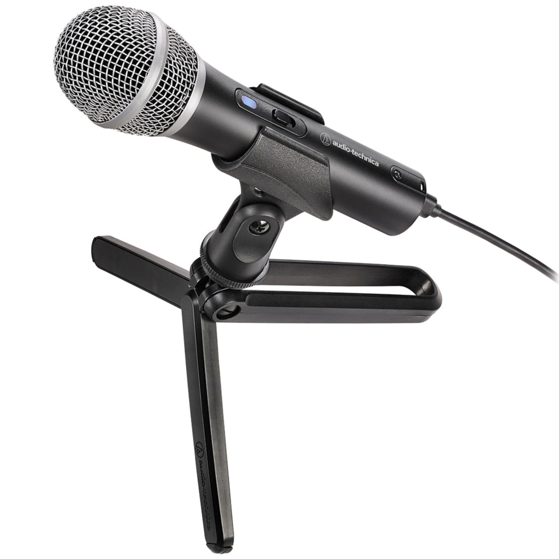 Audio Technica ATR2100x-USB USB microphone showing the compact, black microphone with a metal grille and adjustable stand.