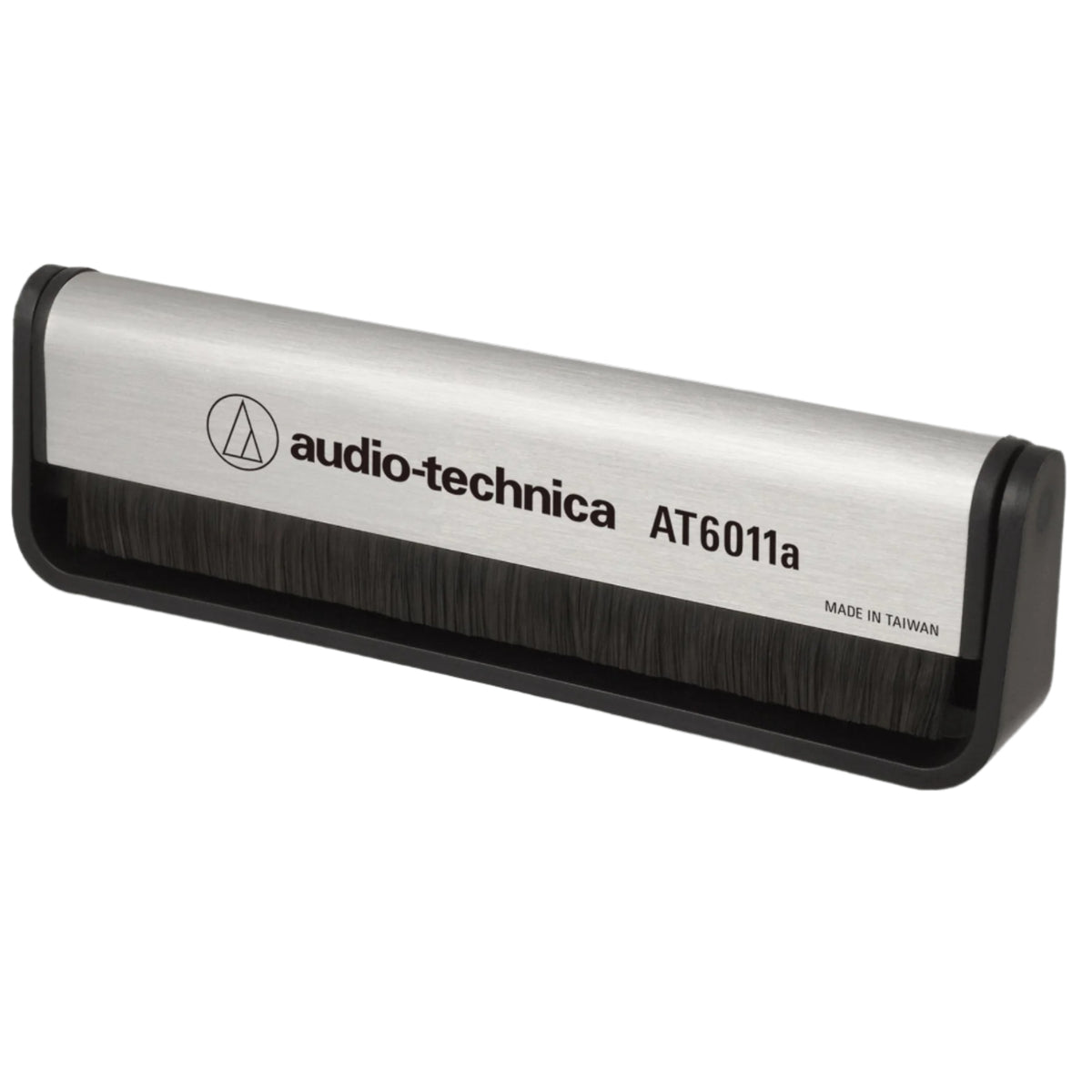 Audio Technica AT6011a anti-static record brush cleaning vinyl records to remove dust and static buildup.