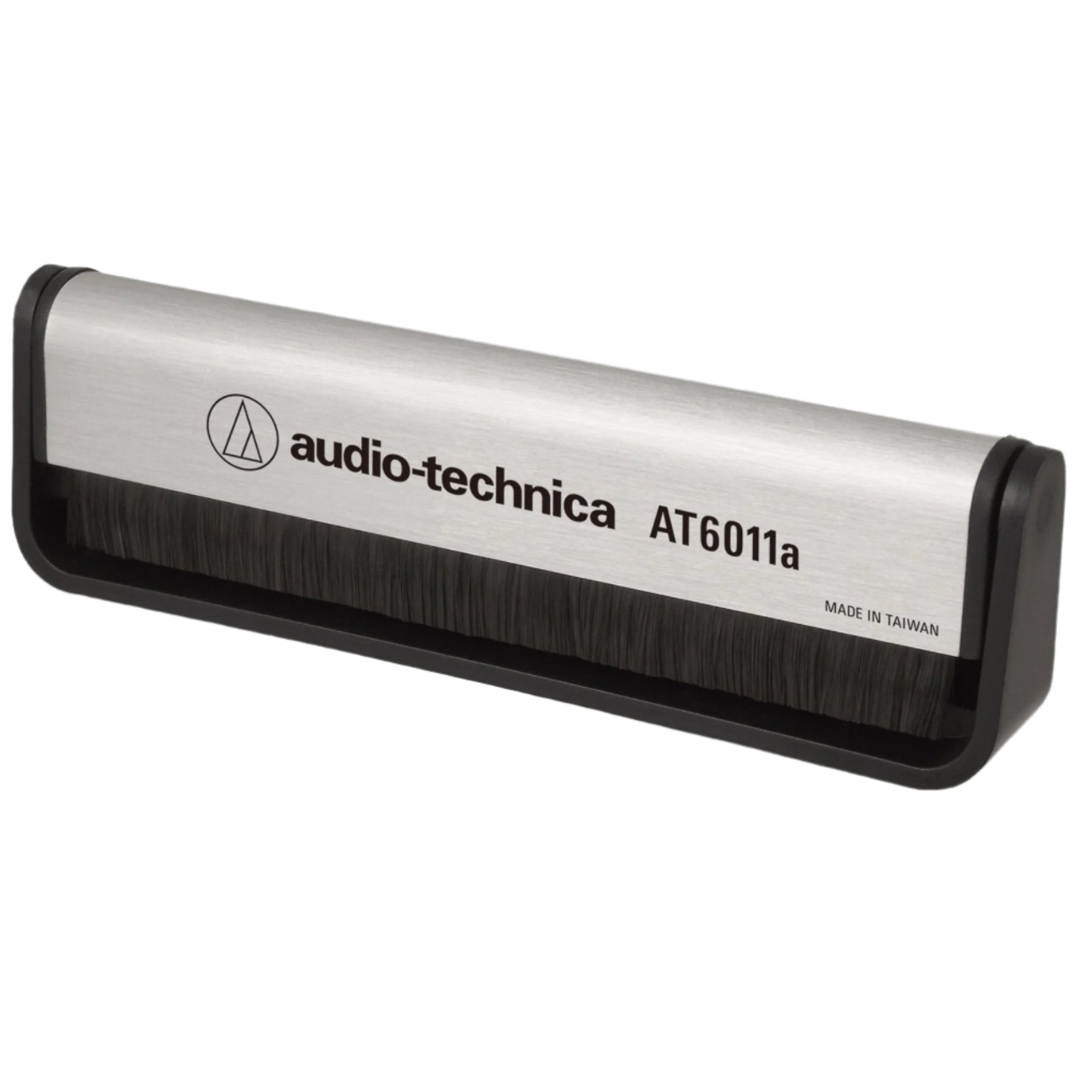 Audio Technica AT6011a anti-static record brush cleaning vinyl records to remove dust and static buildup.