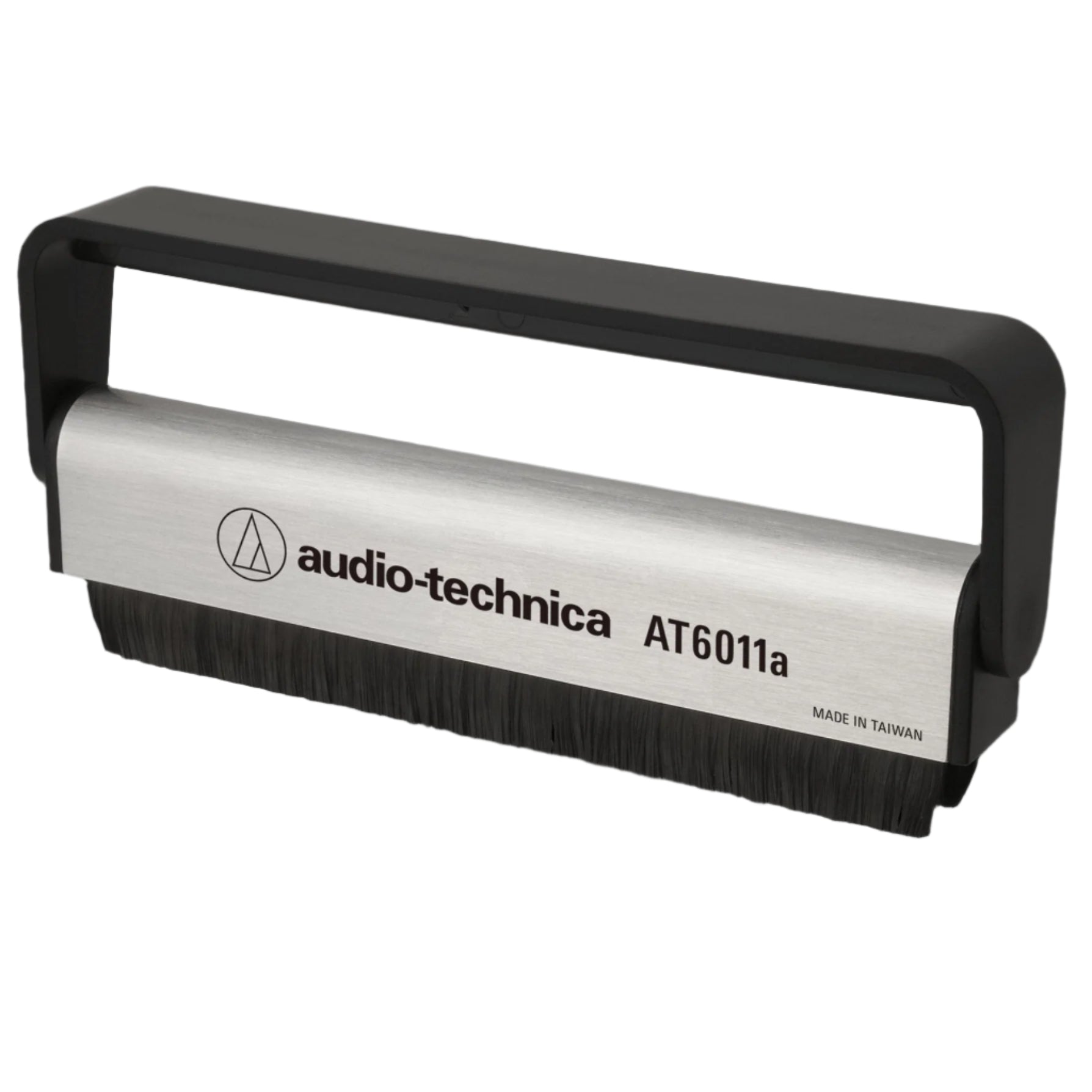 Audio Technica AT6011a anti-static record brush with soft bristles for cleaning vinyl records and reducing static buildup.