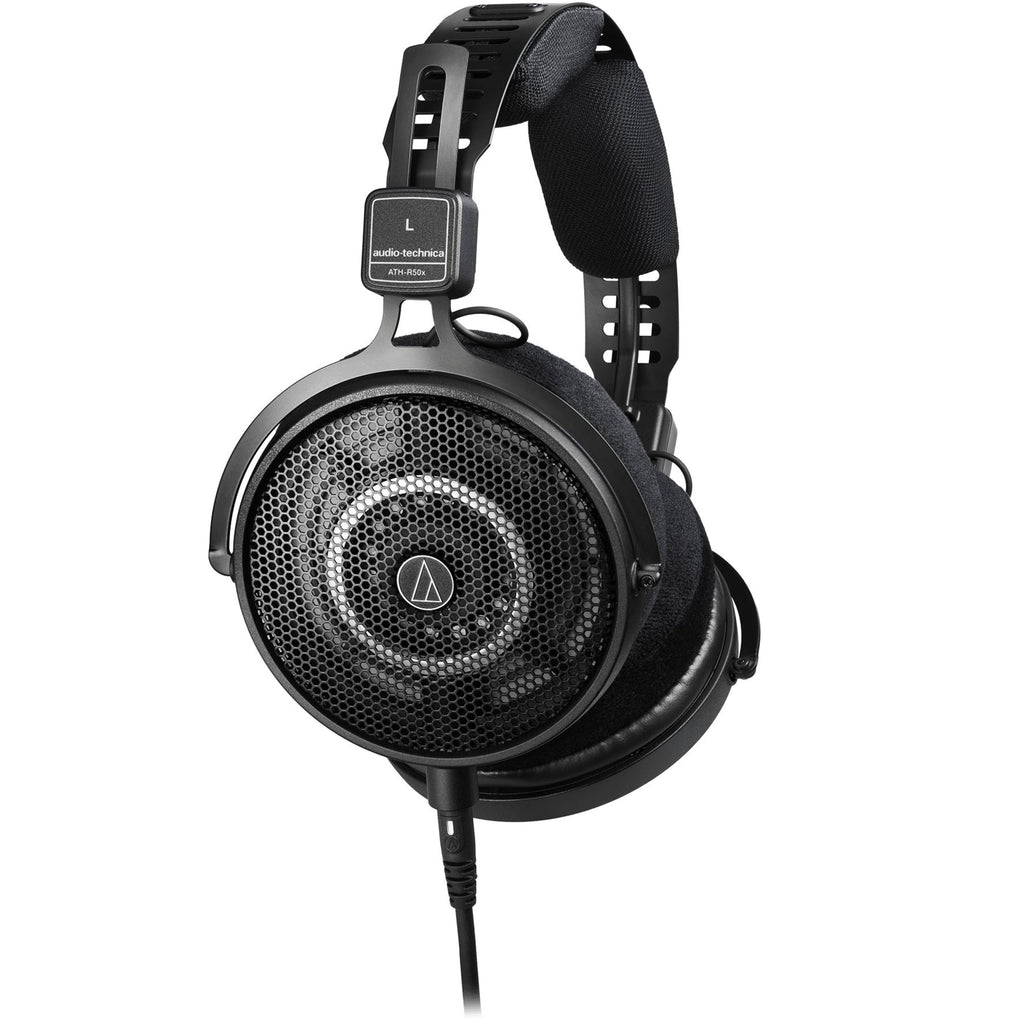 Audio Technica ATH-R50x studio headphones with over-ear design and large ear cups, shown in a close-up image.