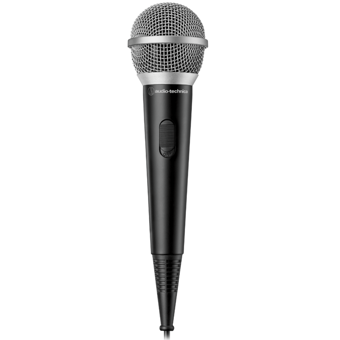 Audio Technica ATR1200x dynamic microphone shown with its sleek design and grille, ideal for professional audio recording and live sound.