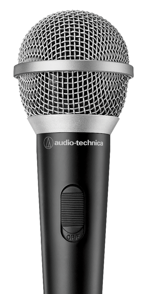 Audio Technica ATR1200x dynamic microphone shown from the bottom, highlighting its build and connection port.
