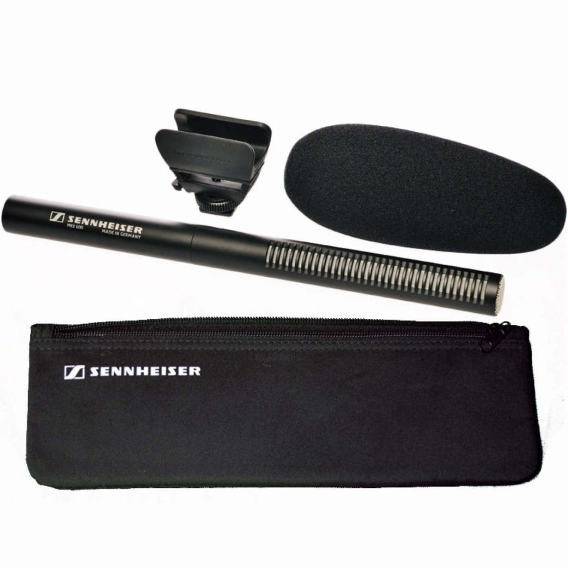Sennheiser MKE 600 shotgun microphone with black handle and grille, designed for professional audio recording and filmmaking.
