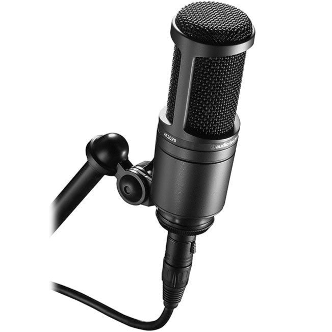 Audio Technica AT 2020 condenser microphone with cardioid polar pattern and professional audio capture.