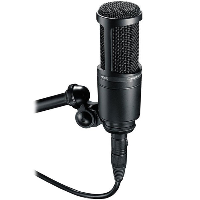 Audio Technica AT 2020 condenser microphone shown with metallic body and cardioid capsule for studio recording.