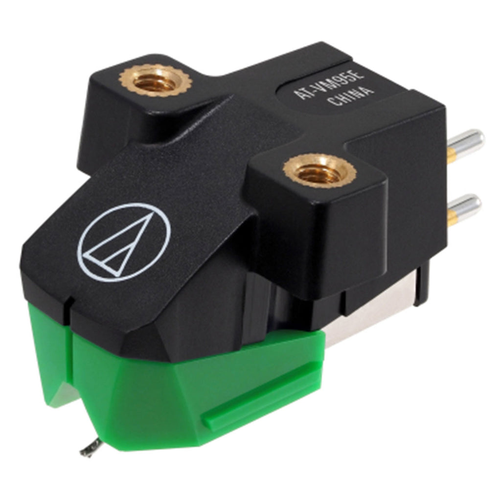 Audio Technica AT-VM95E turntable cartridge with stylus mounted, designed for high-quality vinyl playback.