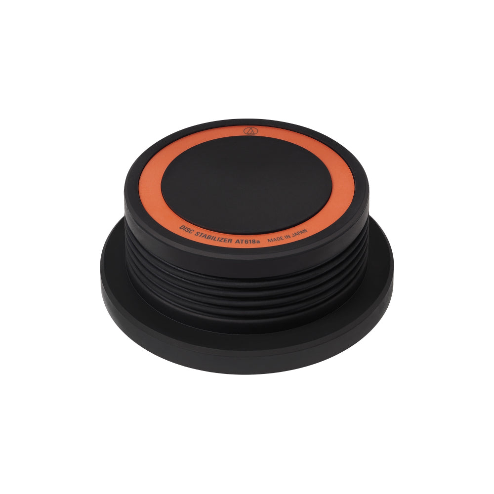 Audio Technica AT618a record weight and stabilizer with 45 RPM adapter for turntables, designed to improve sound quality.