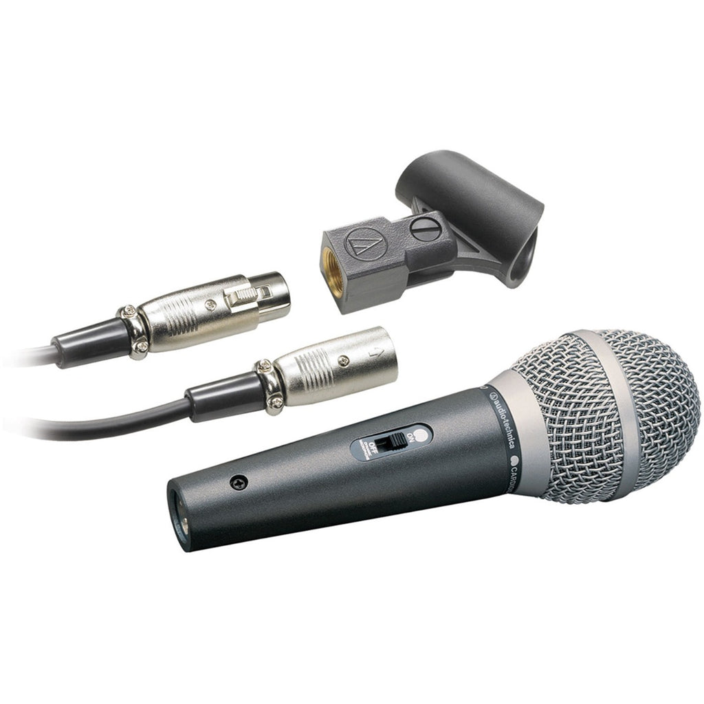 Audio Technica ATR1500x dynamic handheld microphone with unidirectional design for clear audio capture.