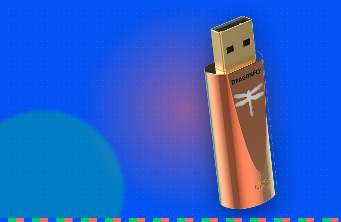 AudioQuest DragonFly Copper USB DAC on cobalt background