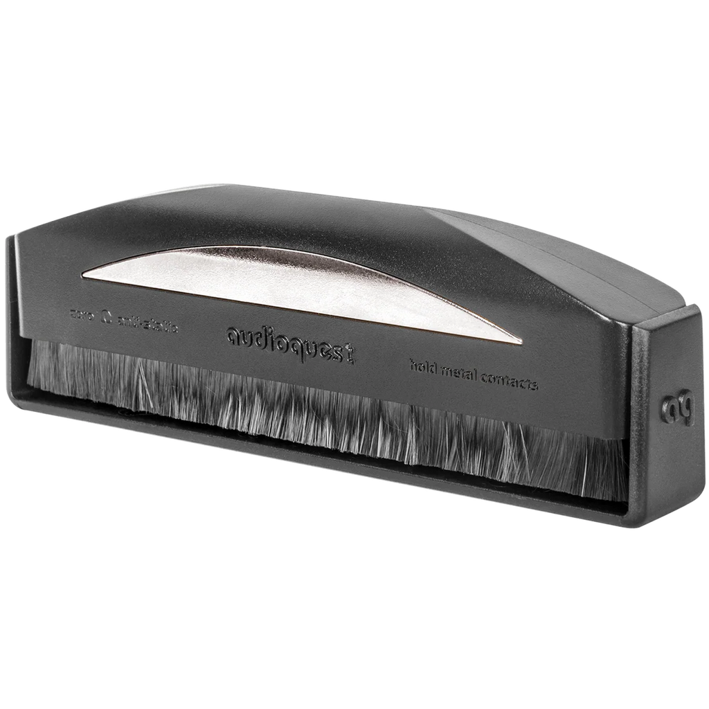 AudioQuest Silver Anti-Static Record Brush for cleaning vinyl records, featuring anti-static properties and soft bristles.