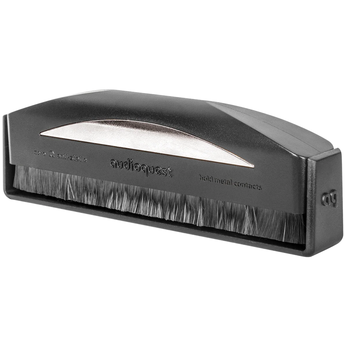 AudioQuest Silver Anti-Static Record Brush for cleaning vinyl records, featuring anti-static properties and soft bristles.