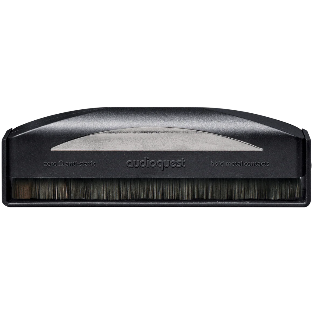 AudioQuest Silver Anti-Static Record Brush for cleaning vinyl records, designed to remove dust and static buildup effectively.