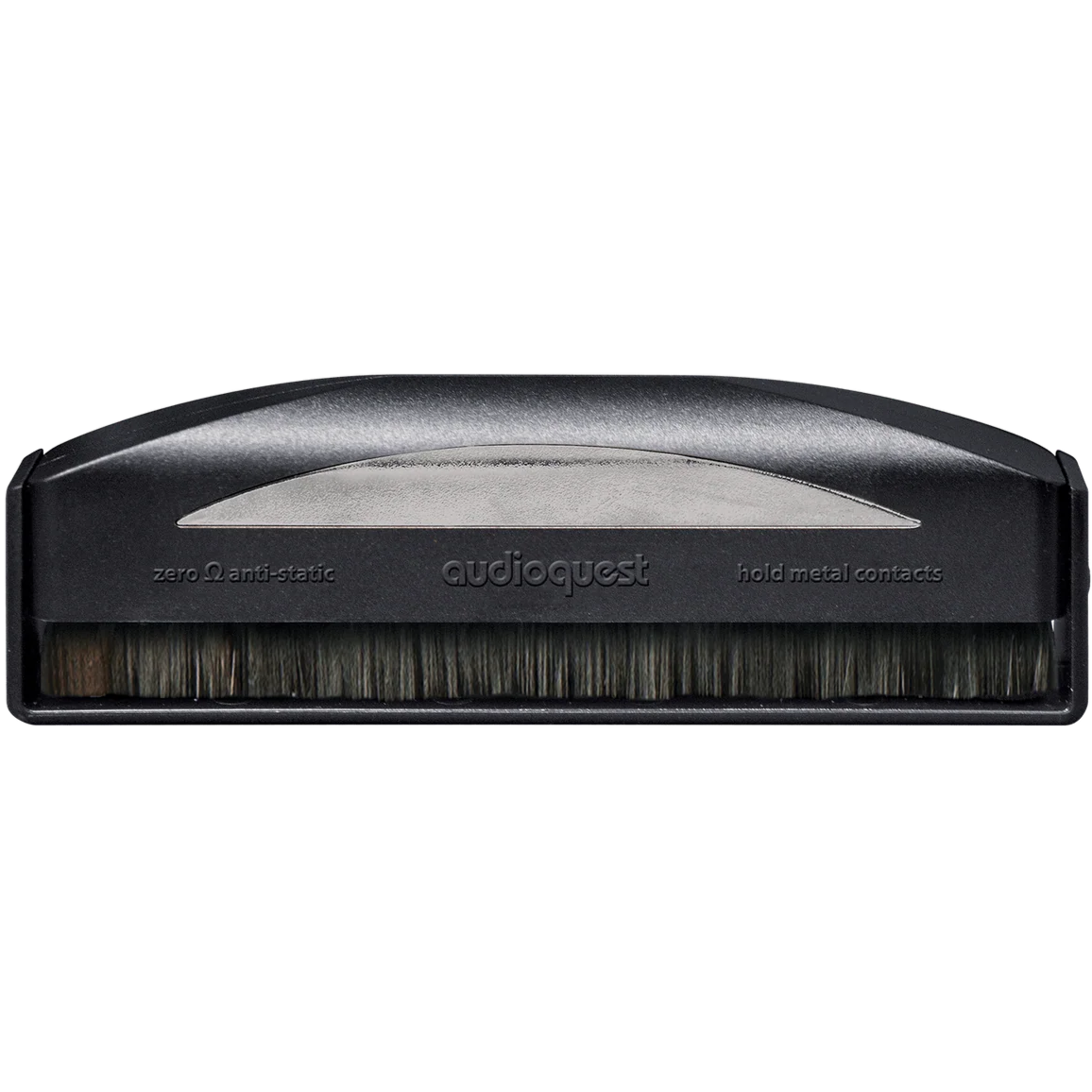 AudioQuest Silver Anti-Static Record Brush for cleaning vinyl records, designed to remove dust and static buildup effectively.