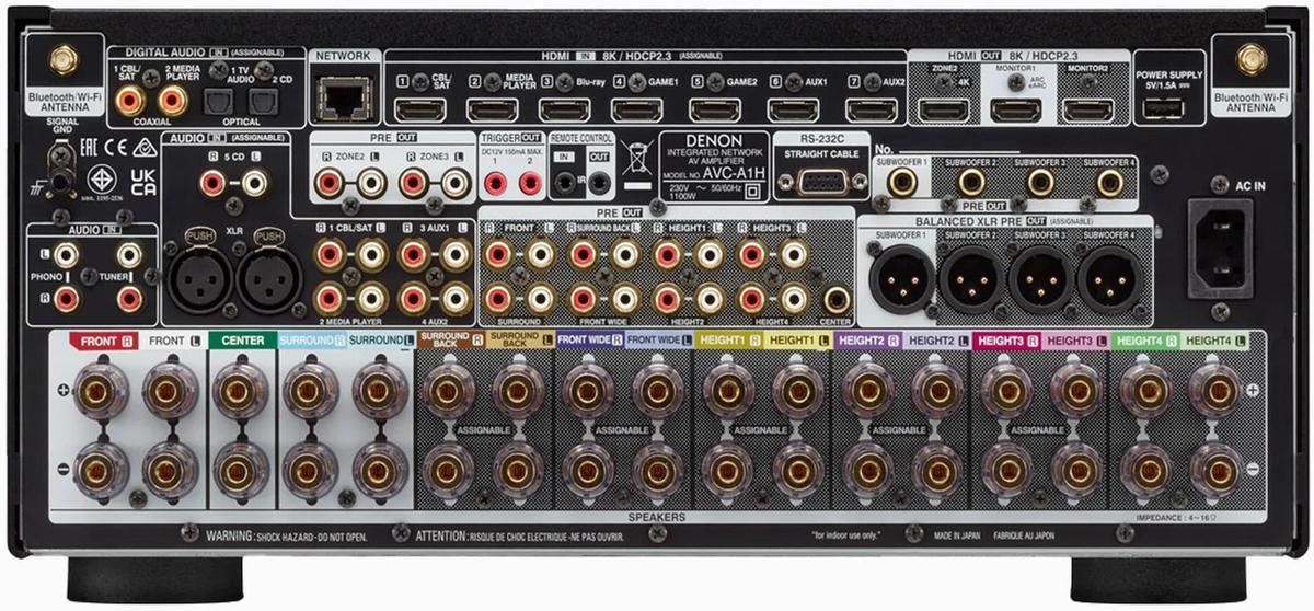 Denon AVC-A1H stereo amplifier rear view showing input ports and control panel for high-quality audio output.