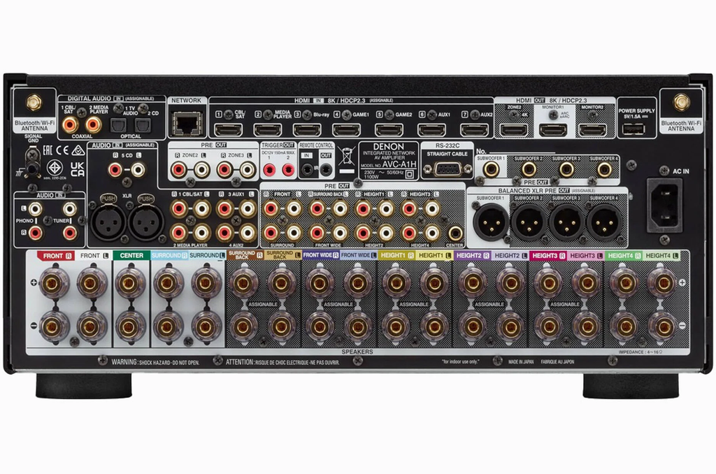 Denon AVC-A1H stereo amplifier with rear panel connections, audio inputs, and control ports for high-quality home audio.