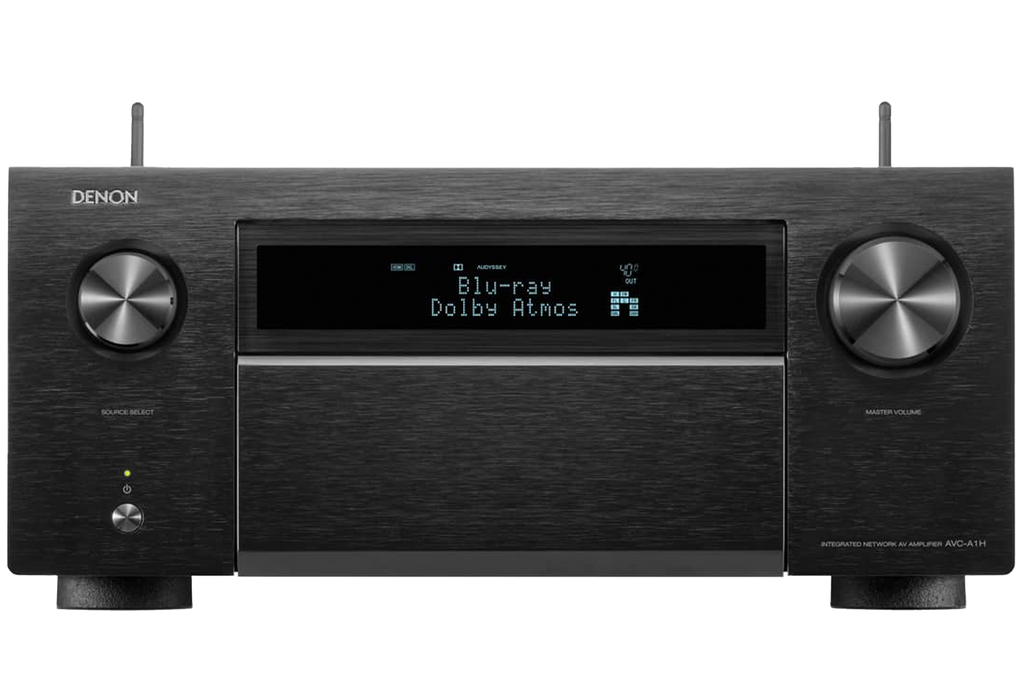 Denon AVC-A1H stereo amplifier front view showing control knobs and display screen.