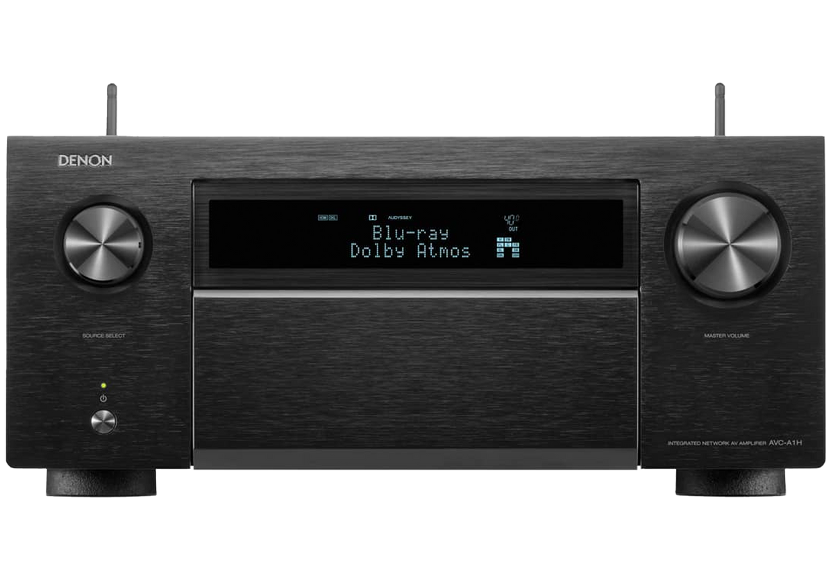 Denon AVC-A1H stereo amplifier front view showing control knobs and display screen.