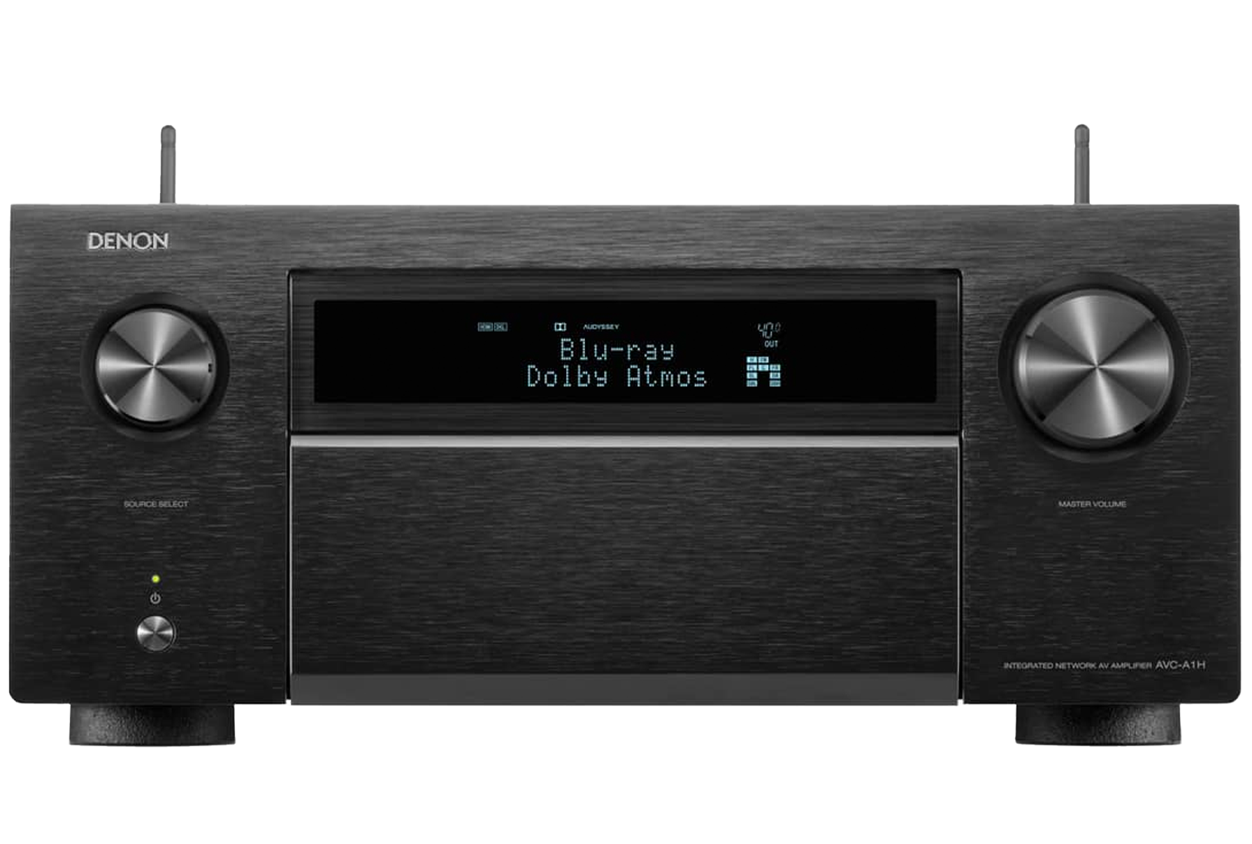 Denon AVC-A1H stereo amplifier front view showing control knobs and display screen.