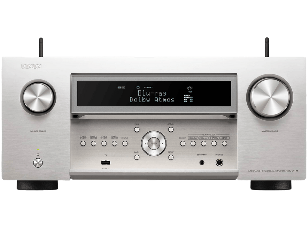 Denon AVC-A1H stereo amplifier in silver front view showing controls and display panel.