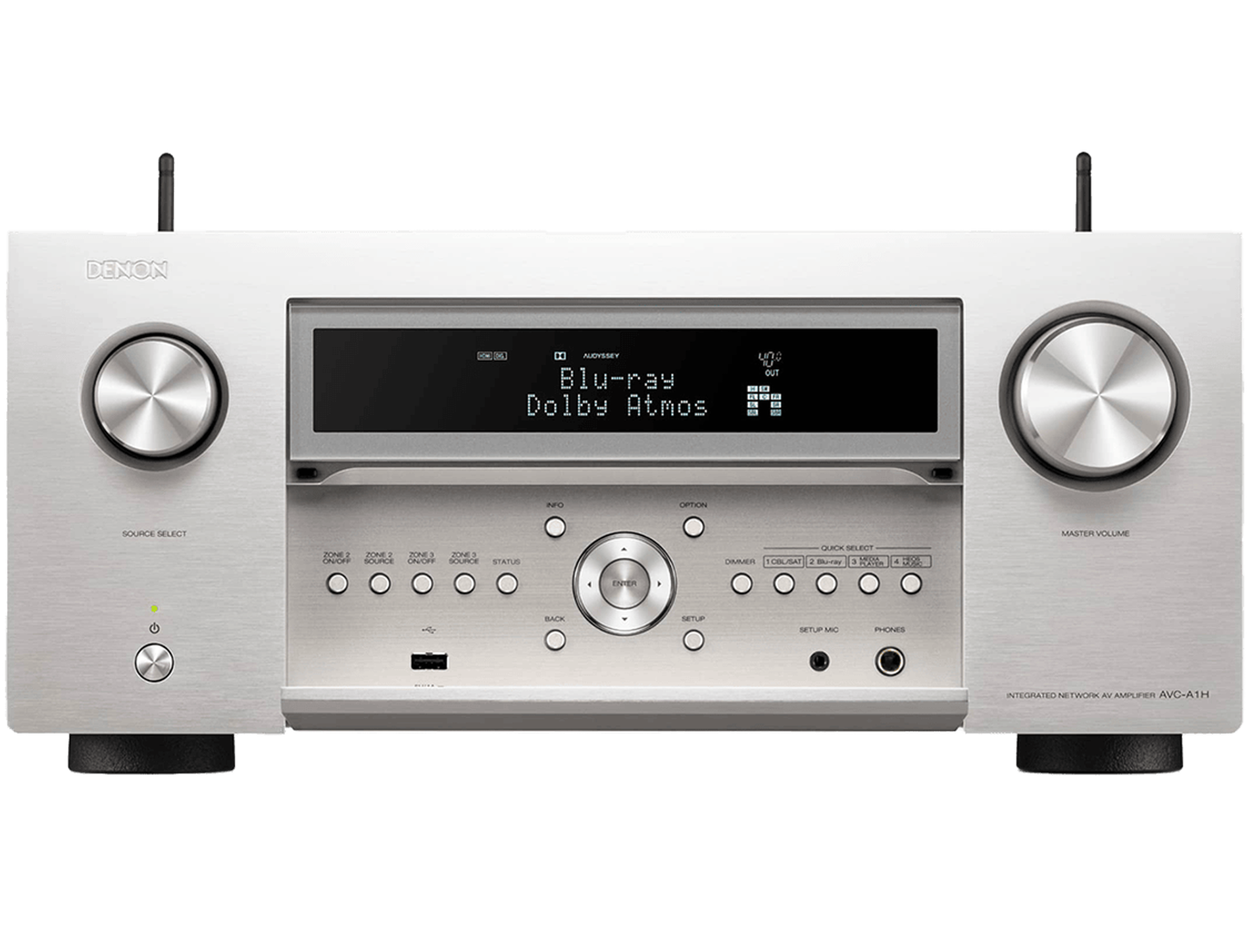 Denon AVC-A1H stereo amplifier in silver front view showing controls and display panel.