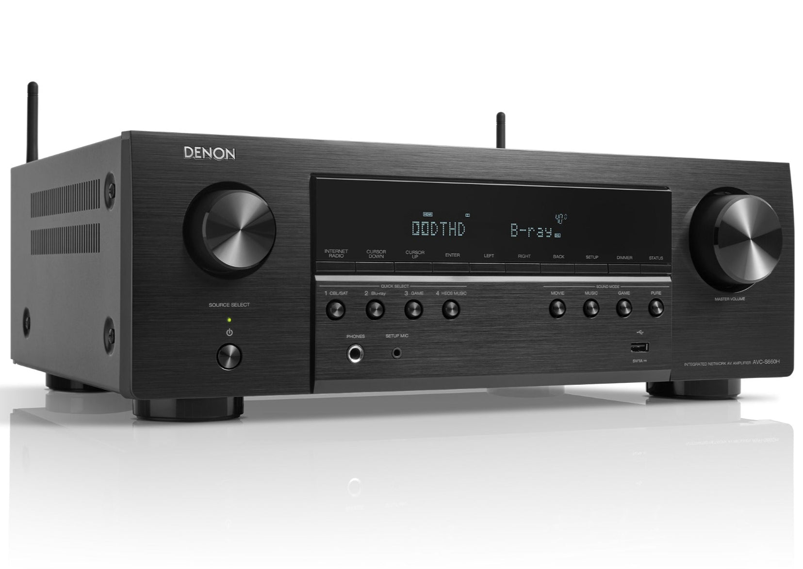 Denon AVC-S660H stereo amplifier with silver finish, multiple input ports, and control knobs on the front panel.
