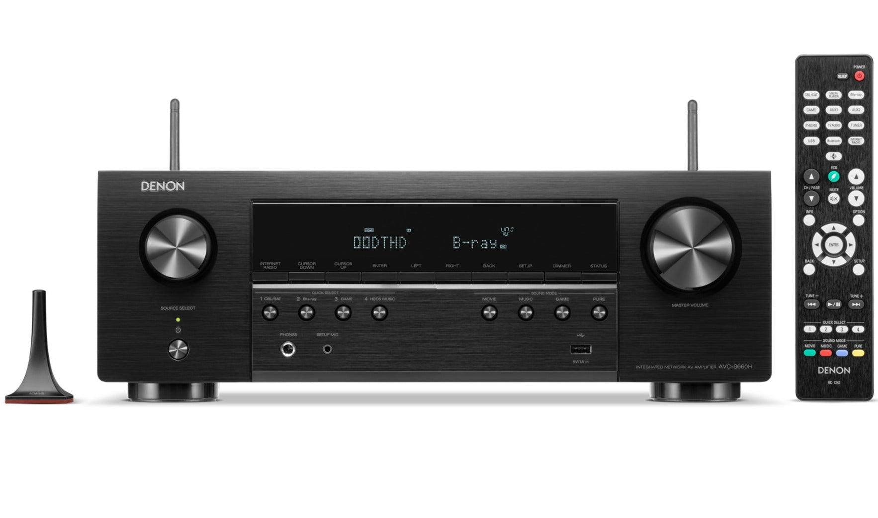 Denon AVC-S660H stereo amplifier with black front panel, control knobs, and input ports visible on the front and side.