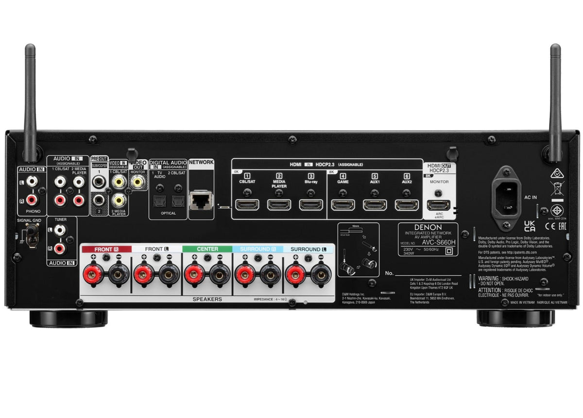 Denon AVC-S660H stereo amplifier with control knobs and display, black finish, front view showing input options and branding.