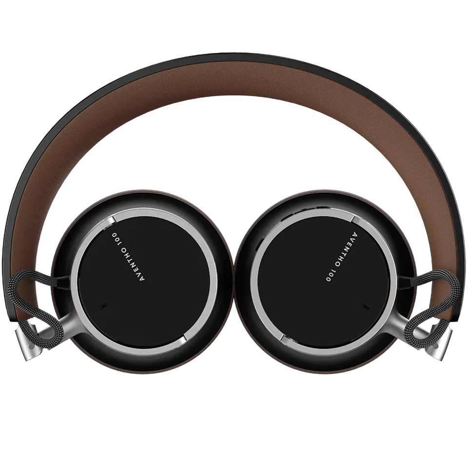 Beyerdynamic Aventho 100 wireless on-ear headphones in brown, folded with adjustable headband and cushioned ear cups.
