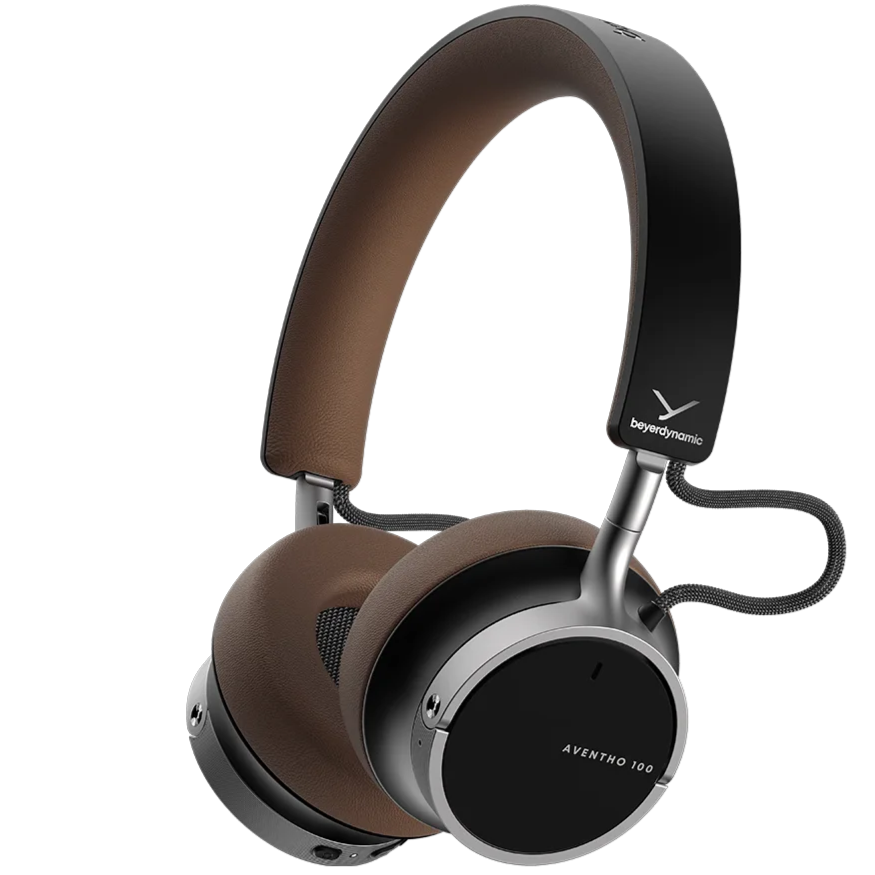 Beyerdynamic Aventho 100 wireless on-ear headphones in brown with sleek design and adjustable headband.