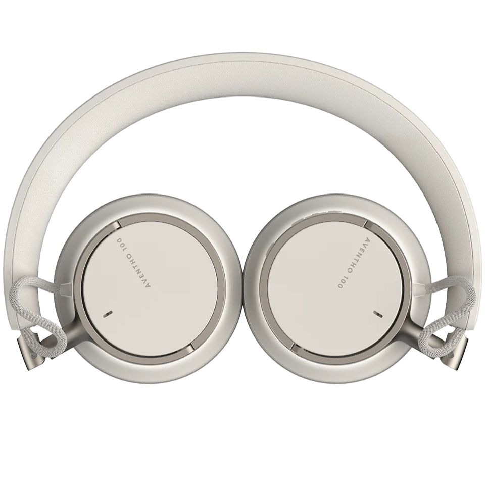 Beyerdynamic Aventho 100 wireless on-ear headphones in creme, folded for storage with soft ear cushions and adjustable headband.