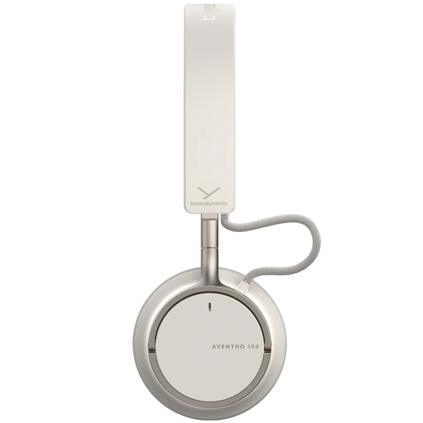 Beyerdynamic Aventho 100 wireless on-ear headphones in creme color, showing the front view with ear cups and headband.