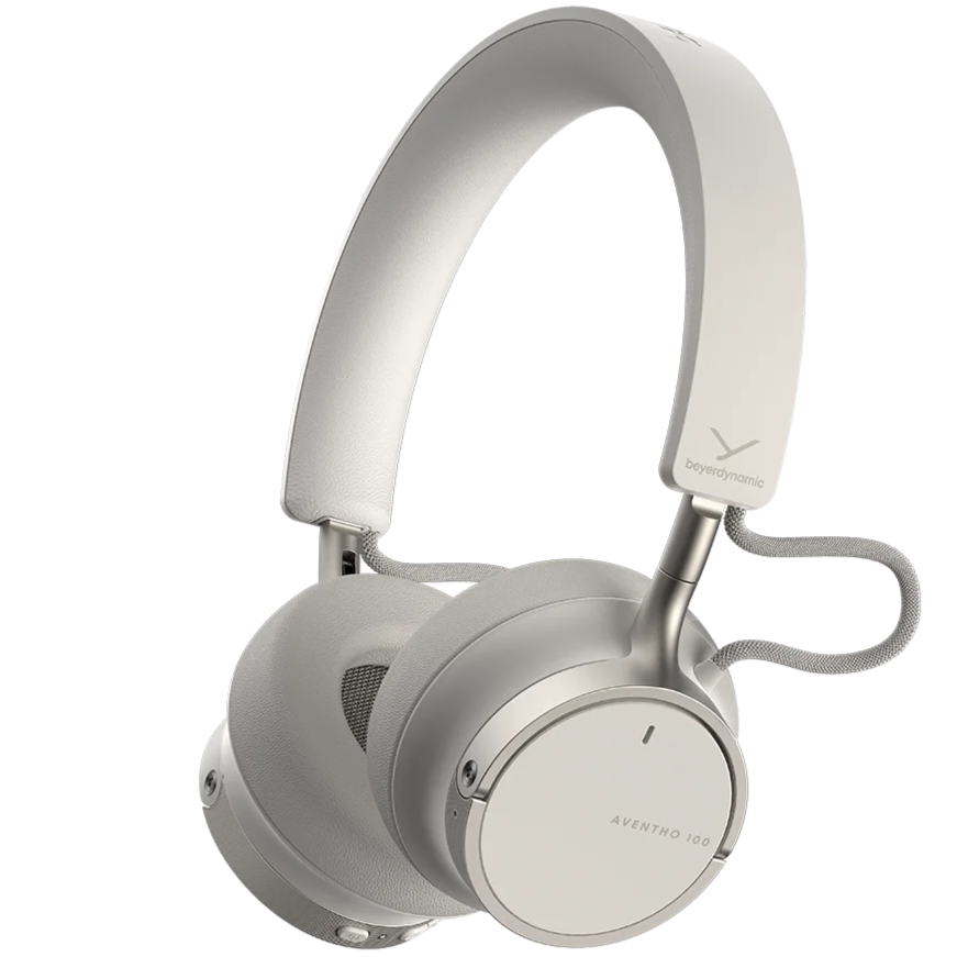 Beyerdynamic Aventho 100 wireless on-ear headphones in cream color with cushioned ear pads and sleek design.