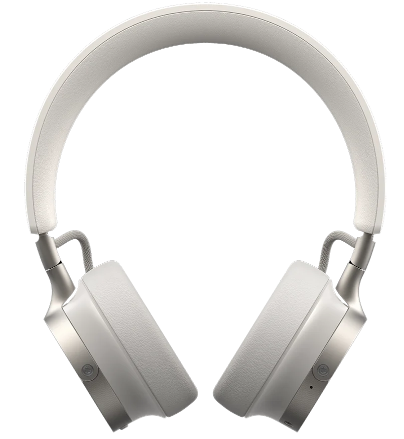 Beyerdynamic Aventho 100 wireless on-ear headphones in creme color, showing side view with ear cushions and headband.