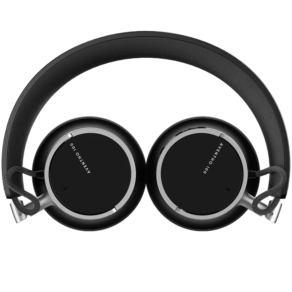 Black Beyerdynamic Aventho 100 wireless on-ear headphones folded for storage, showcasing sleek design and comfortable fit.