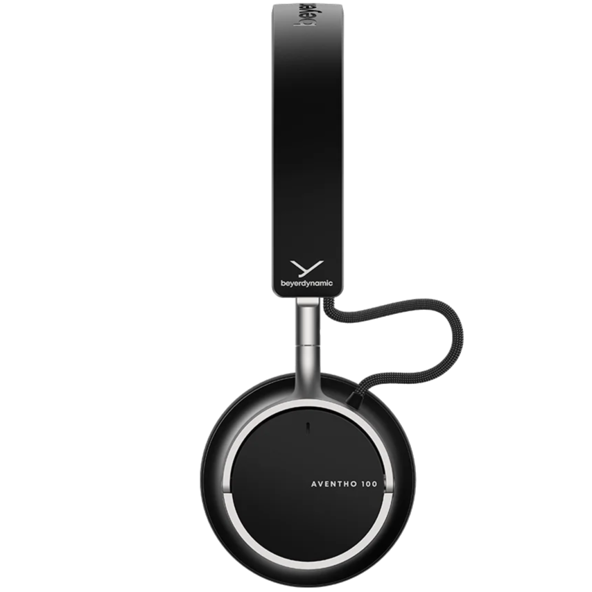 Black Beyerdynamic Aventho 100 wireless on-ear headphones with sleek design and comfortable ear cushions.