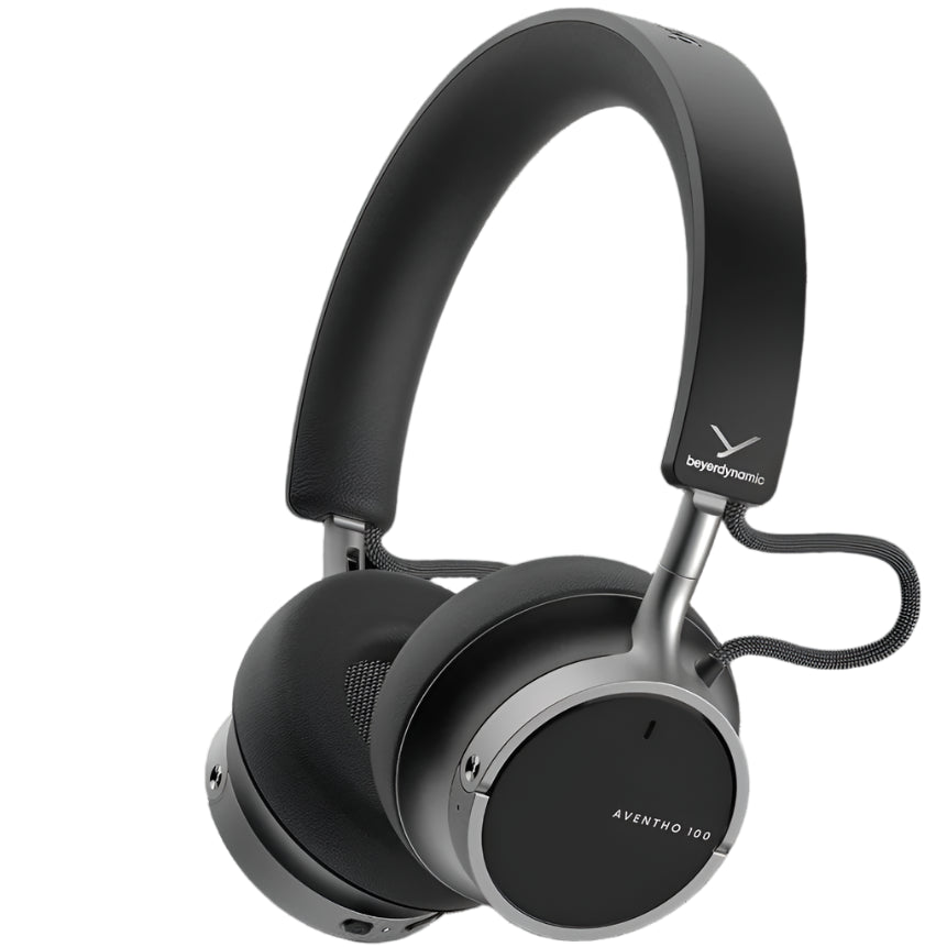 Black Beyerdynamic Aventho 100 wireless on-ear headphones with sleek design and adjustable headband, featuring active noise cancellation.