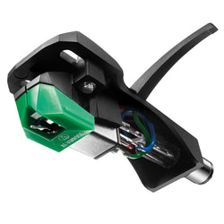 Audio Technica AT-VM95E/H turntable cartridge with headshell, featuring stylus and mounting hardware for record players.