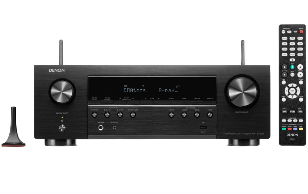 Denon AVR-S760H stereo amplifier with front panel controls and multiple input ports, showcasing its sleek design.