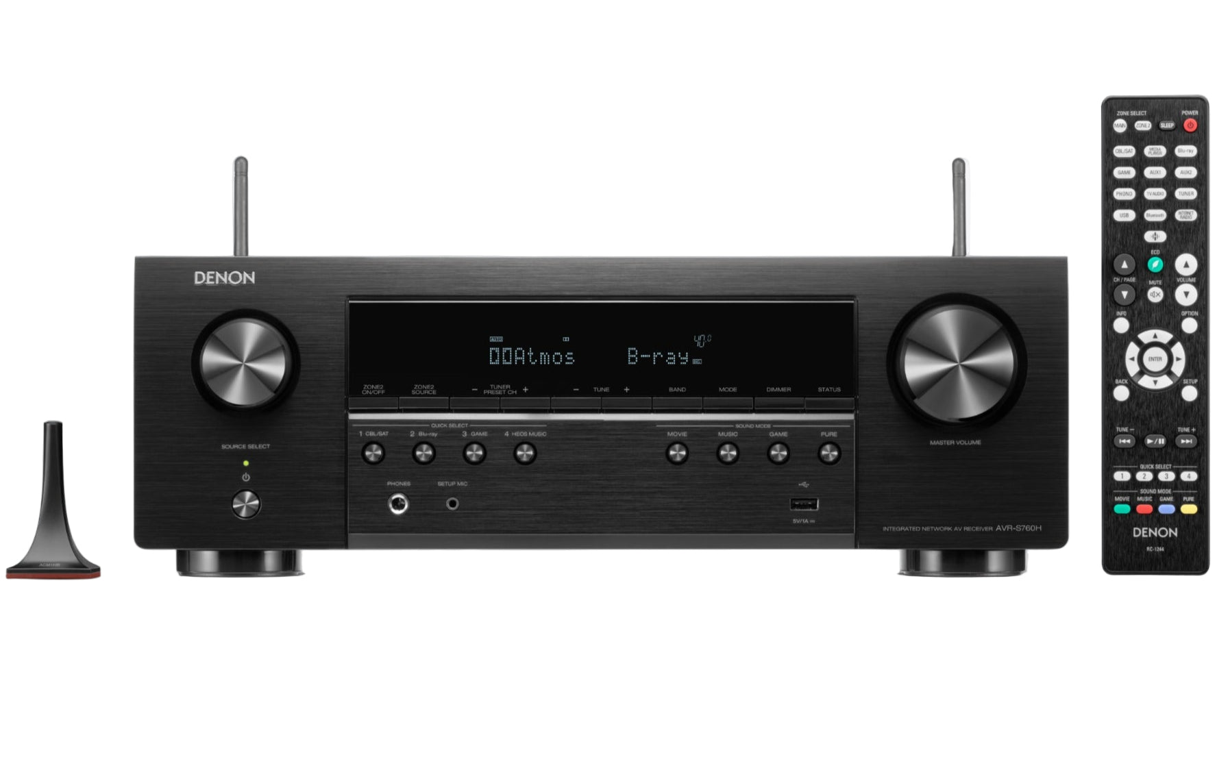 Denon AVR-S760H stereo amplifier with front panel controls and multiple input ports, showcasing its sleek design.