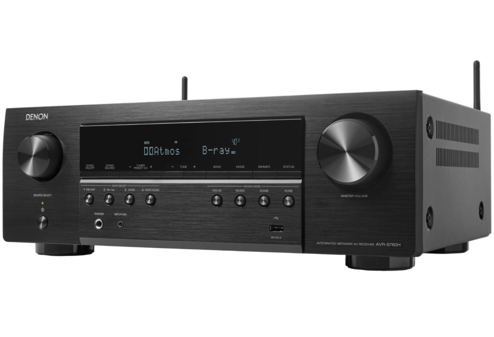 Denon AVR-S760H stereo amplifier with multiple input ports and sleek black design, showcasing front panel controls and display.
