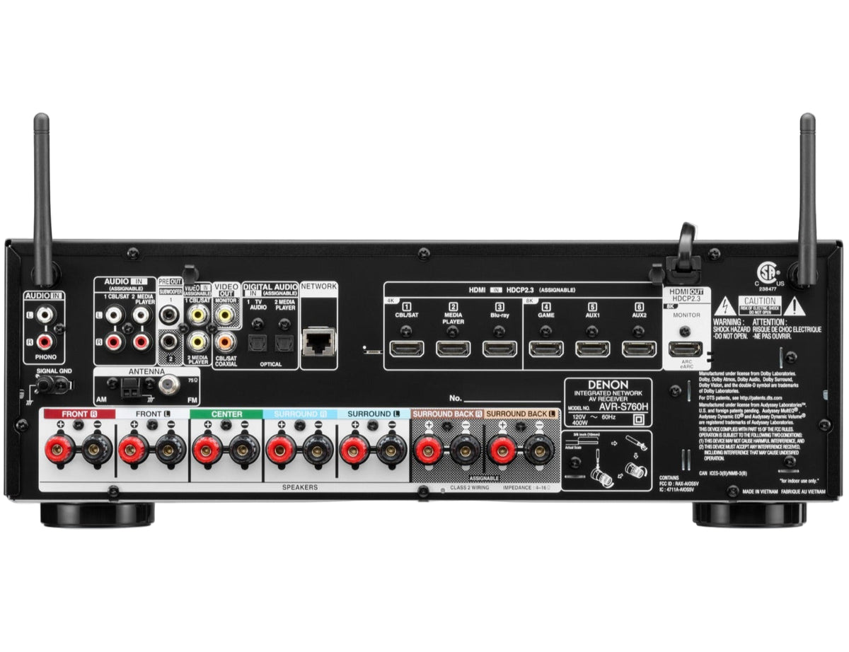Denon AVR-S760H stereo amplifier with multiple input ports and sleek black design, showcasing front panel controls and display.