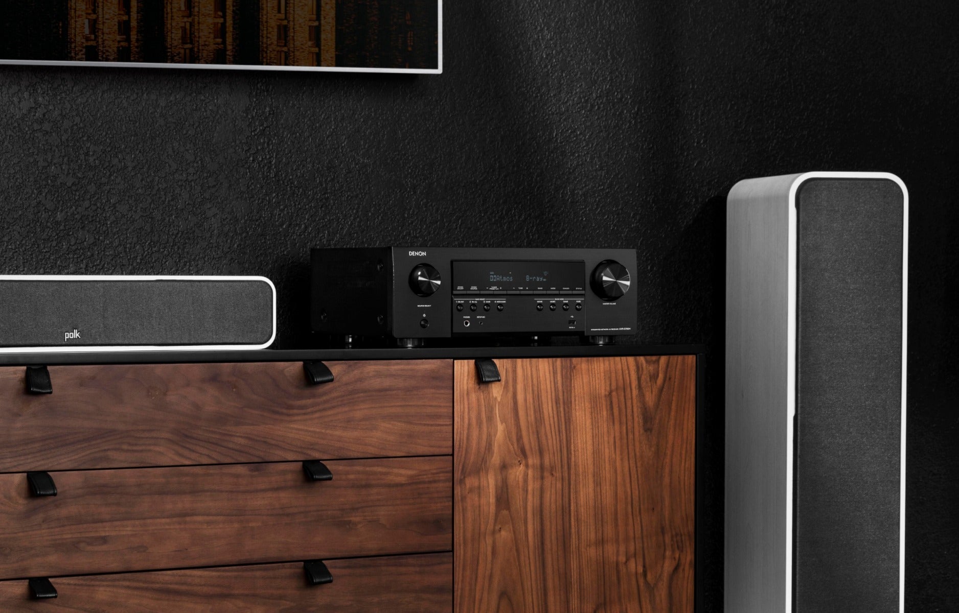 Denon AVR-S760H stereo amplifier with black front panel, multiple input ports, and control knobs on a white background.
