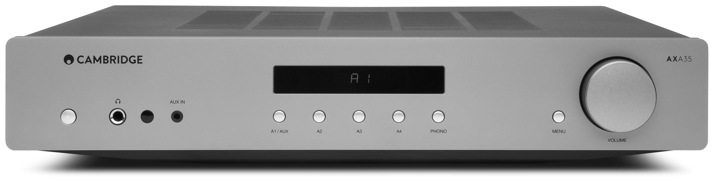 Cambridge Audio AXA35 stereo amplifier with built-in phono stage, featuring a sleek black design and control knobs on the front panel.