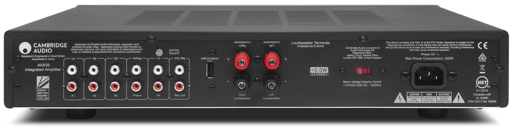 Cambridge Audio AXA35 stereo amplifier with built-in phono stage, featuring a sleek black design and control knobs on the front panel.