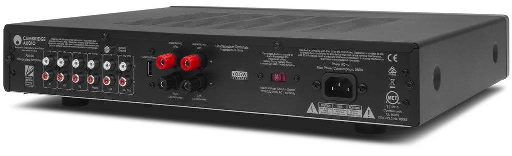 Cambridge Audio AXA35 stereo amplifier with built-in phono stage, compact design, and front control knobs.