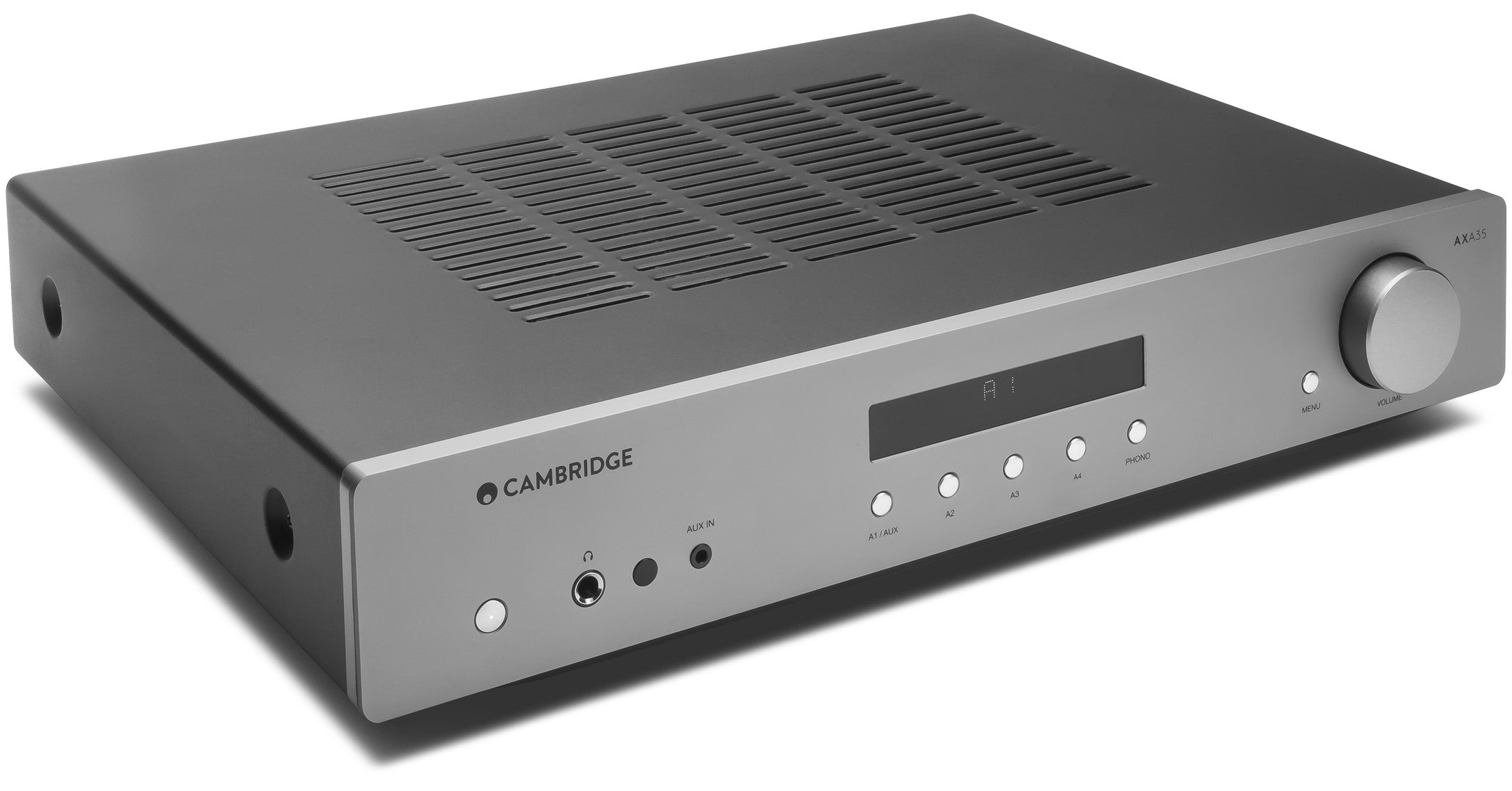 Cambridge Audio AXA35 stereo amplifier with built-in phono stage, showing front panel and control knobs.